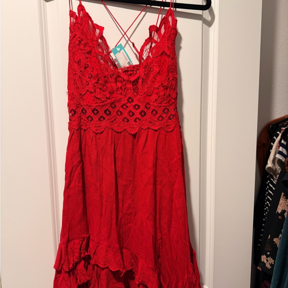 Free People Red Lace Bust Tiered Slip Dress